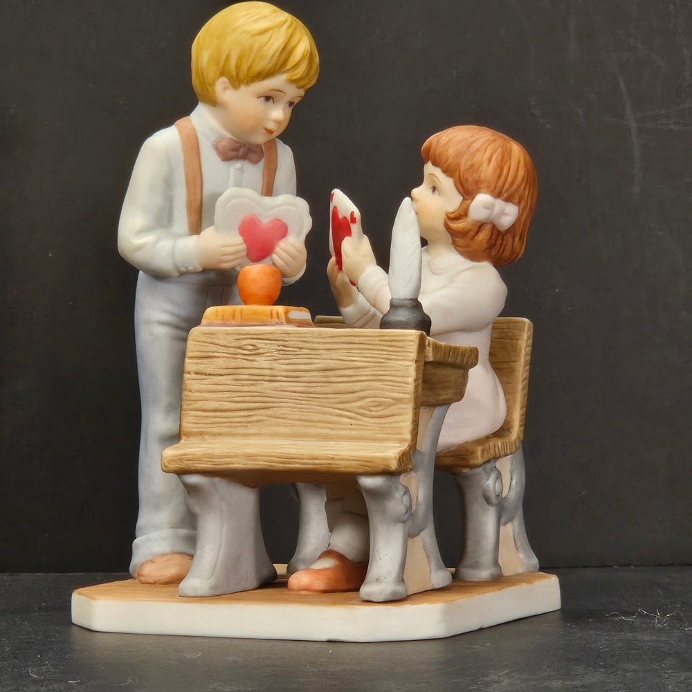 Vintage Porcelain Figure Children at School Desk Valentine Heart Study Scene 90s